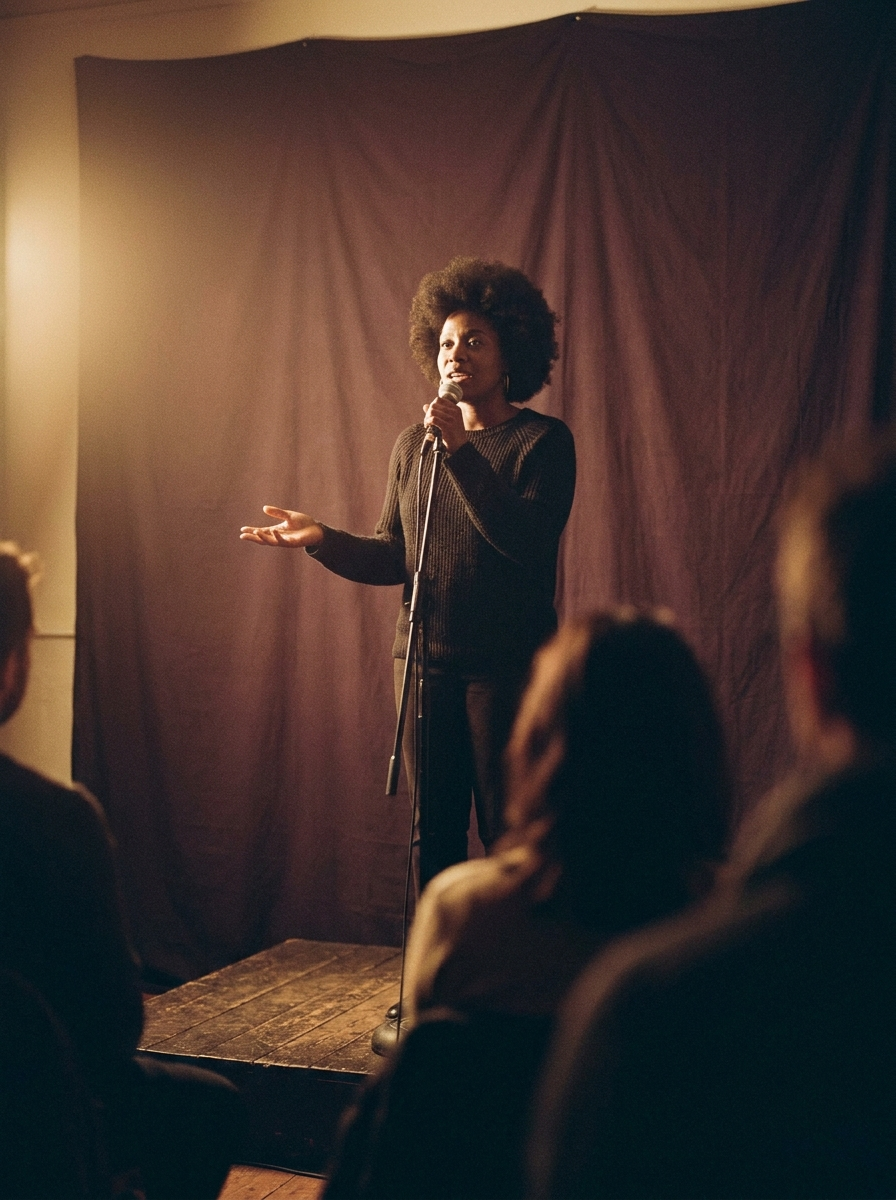 Confident speaker mid-talk on stage