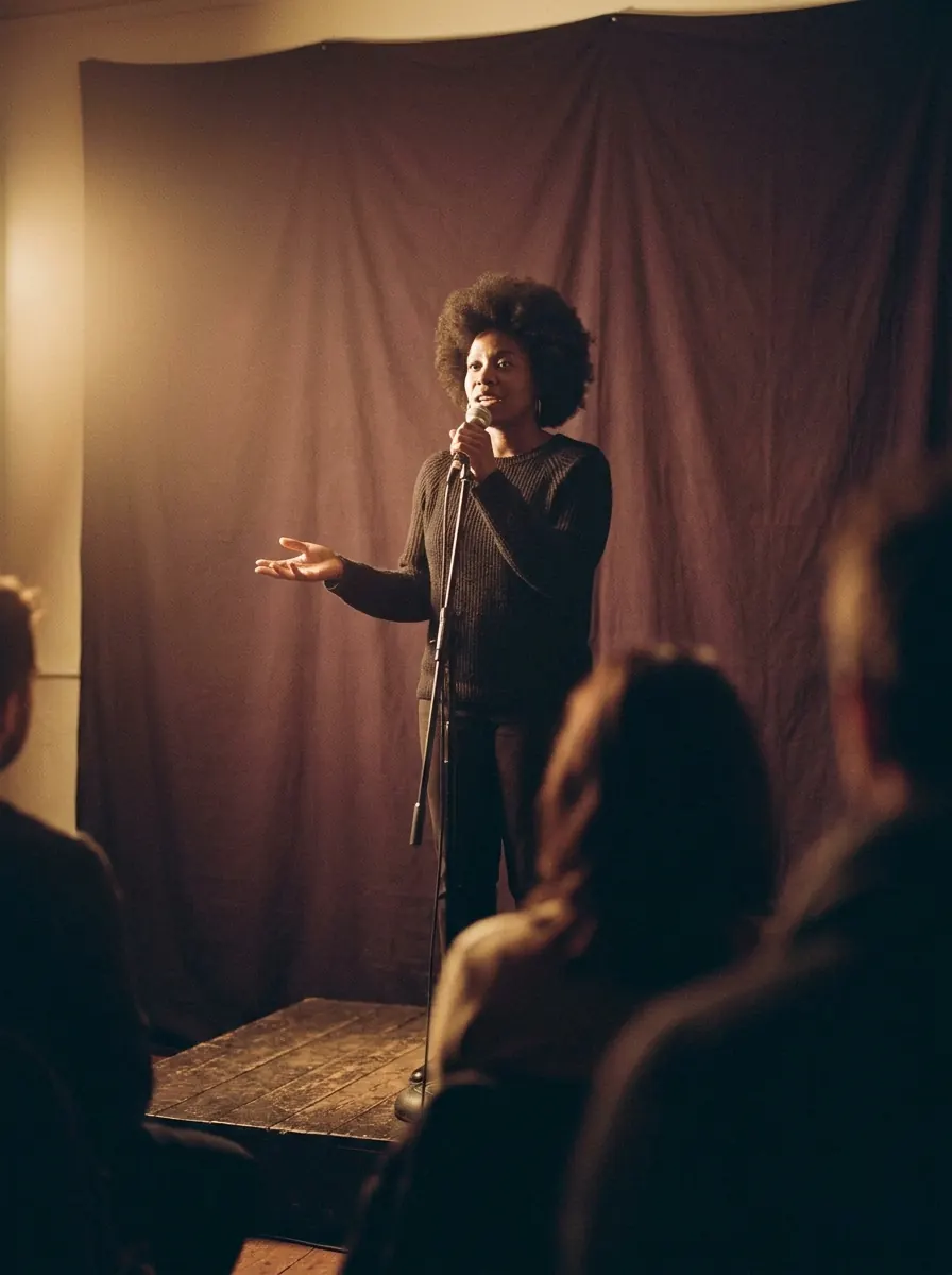 A speaker with a microphone on a small stage, lit warmly, in front of a seated audience
